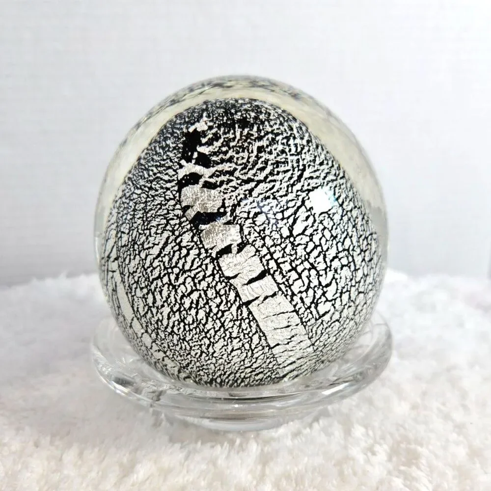 Vintage Art Glass Paperweight Silver Foil Crackle Webbed Egg Orb 4